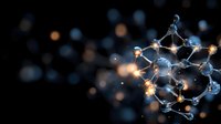 Glowing molecular structure with interconnected nodes and bonds against dark background, illuminated by warm light points creating scientific atmosphere.