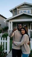 Happy young African American man and Hispanic woman couple embracing with house keys in front of their new suburban home for homeownership milestone.