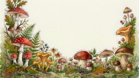Autumn forest floor border with colorful mushrooms, ferns and fallen leaves creating decorative frame for seasonal designs and nature projects.