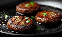 Grilled beef patties with caramelized crust on black cast iron pan, garnished with fresh herbs and sea salt flakes, close up view in dark moody lighting.