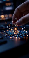 Futuristic smart home technology concept with glowing network connections and digital interface icons, finger touching virtual house symbol on dark background.