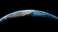 Curved horizon of planet Earth from space showing atmospheric glow, landmasses, and ocean waters against dark cosmos background.