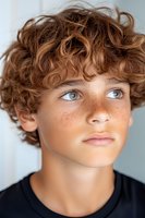 Close up portrait of young Caucasian boy with curly brown hair, blue eyes and freckles looking up dreamily against light background. Natural beauty concept.