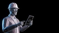 Futuristic construction worker hologram with hard hat using digital tablet technology on black background for industrial automation concepts.