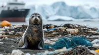 Seal among plastic waste and fishing nets on beach with ship and glaciers in background, highlighting environmental pollution and marine conservation issues.