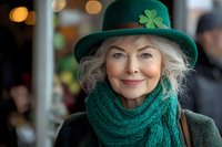Cheerful senior woman with silver hair wearing green hat decorated with shamrock, emerald scarf and warm coat celebrating St Patrick's Day festivities.