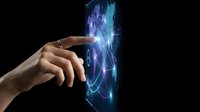 Hand touching futuristic holographic interface with glowing blue digital elements and data visualization on dark background for technology concepts.