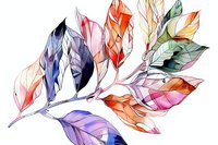 Delicate watercolor leaves in purple, orange and pink tones with flowing lines and transparent overlapping effects create an ethereal botanical composition.