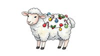 Cute white sheep decorated with colorful Christmas lights garland on transparent background. Holiday farm animal illustration for festive designs.
