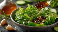 Fresh green salad with sesame oil dressing being poured from wooden spoon, mixed greens and cucumber slices in ceramic bowl for healthy eating.