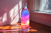 Transparent water bottle with vibrant rainbow colors created by sunlight refraction through liquid, casting prismatic shadows on wooden surface near window.