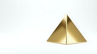 Golden metallic pyramid with smooth reflective surface on white background isolated for design and presentation use.
