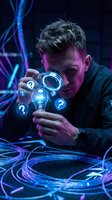 Caucasian male researcher examining glowing question mark symbols through magnifying glass in futuristic laboratory with neon lighting for technology concepts.