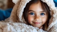 Young Caucasian girl with bright blue eyes and charming smile wearing cozy teddy bear style hood, close-up portrait against blue background. Natural lighting enhances warm mood.