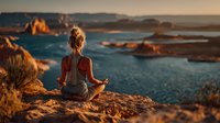 Young blonde woman practicing yoga meditation on rocky cliff overlooking ocean at golden hour sunset, peaceful mindfulness wellness lifestyle concept.
