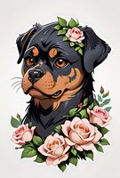 Artistic portrait of a Rottweiler dog with pink roses and green leaves, perfect for t-shirt designs, merchandise, and decorative prints. Isolated illustration on light background.