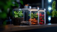 Glass storage jars with layered ingredients and fresh herbs on wooden surface against dark background with bokeh lights, modern kitchen organization.