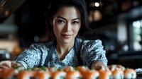 Asian woman chef preparing fresh sushi rolls in modern restaurant kitchen. Professional culinary expert working with salmon and rice for Japanese cuisine service.
