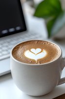 Hot cappuccino with heart-shaped latte art foam in white ceramic cup on desk with laptop and green plant, morning coffee break atmosphere.