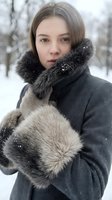 Young Caucasian woman in gray winter coat with fur collar and mittens standing in snowy park during cold season for fashion and lifestyle content.