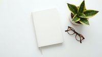 Minimalist workspace with blank white paper, eyeglasses and green snake plant on clean white background for business presentations and office design.