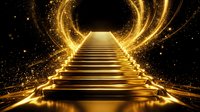 Golden staircase leading through glowing portal with sparkling light effects and dark background, symbolizing success, achievement, and spiritual journey for motivational and aspirational concepts.