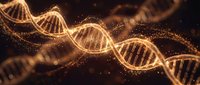 Golden DNA double helix structure with glowing particles and light effects on dark background for biotechnology and genetic research concepts.