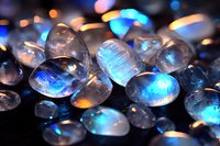 Luminous moonstone gems with blue iridescent flashes scattered on dark surface, macro photography showing natural mineral structure and light play.