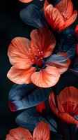 Coral-colored blossoms with delicate petals and stamens against dark blue leaves create dramatic contrast in moody garden lighting, suitable for nature and floral designs.