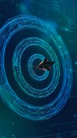 Futuristic digital spiral tunnel with glowing blue wireframe geometry and network connections for technology and cyber space concepts.