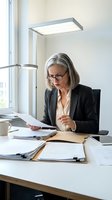 Mature Caucasian businesswoman with gray hair and glasses reviewing documents at modern office desk near window for professional consulting work.