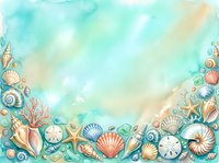 Watercolor seashells and coral frame with turquoise ocean waves background for marine themed designs and coastal decorations.