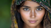 Young Asian woman wearing traditional colorful headscarf with intricate patterns, soft natural lighting highlights her expressive eyes and gentle smile against blurred green background.