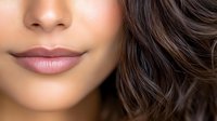 Close up of young Hispanic woman's lips and nose showing natural makeup, glowing skin, and wavy dark brown hair against neutral background.