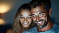 Romantic couple sharing intimate moment at night, laughing with genuine joy. Caucasian man with beard and blonde woman with natural makeup in soft ambient lighting.