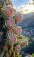Pink succulent flowers blooming on mountain cliff with valley village view at golden hour sunset creating romantic natural landscape scenery.