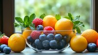 Fresh citrus fruits and berries arranged in glass bowl with oranges, blueberries, raspberries and mint leaves on windowsill, natural daylight creates vibrant colors.