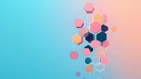 Floating hexagonal shapes in coral pink and navy blue on gradient turquoise background create modern abstract geometric pattern for technology presentations.