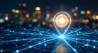 Glowing location pin icon floating above digital network grid with blurred city lights background representing GPS navigation and smart city technology.