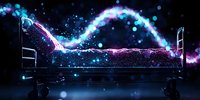 Empty hospital bed with glowing magical energy stream flowing above it in dark room with blue and pink ethereal light effects and sparkles.