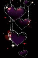Purple heart shapes outlined with sparkling lights hanging against black background, creating romantic atmosphere for Valentine's Day designs.
