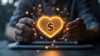 Glowing heart with dollar sign floating between hands over laptop keyboard, magical light effects and sparkles create romantic financial concept.