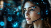 Young female customer service representative with headset against futuristic digital interface background with glowing blue technology elements and data visualization.