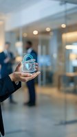 Business professional holding glowing digital security lock icon in modern office environment representing cybersecurity data protection and privacy.