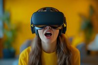 Young woman wearing virtual reality headset expressing excitement and wonder against yellow background, mouth open in amazement while experiencing VR technology.