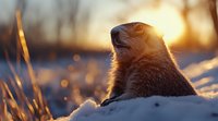 Groundhog emerging from snow at sunrise with golden backlight creating magical winter atmosphere, head turned sideways watching horizon through morning mist.