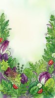Watercolor garden border with fresh vegetables and salad greens including tomatoes, lettuce, and herbs arranged on cream background, suitable for recipe cards and culinary designs.