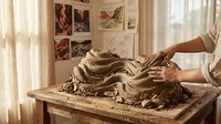 Professional sculptor hands shaping clay figure on wooden table in bright art studio workspace with reference sketches displayed on wall behind.