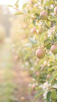 Apple tree branch with ripening fruit and delicate blossoms in soft sunlight, suitable for agricultural, gardening, and seasonal marketing projects.