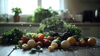 Fresh organic vegetables and eggs on wooden table with digital brain hologram overlay, representing AI in modern agriculture and food technology.
